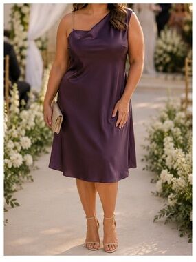 🟠NWT AND NOW THIS Plus Satin Midi Dress w/Gold Chain Strap - Plum